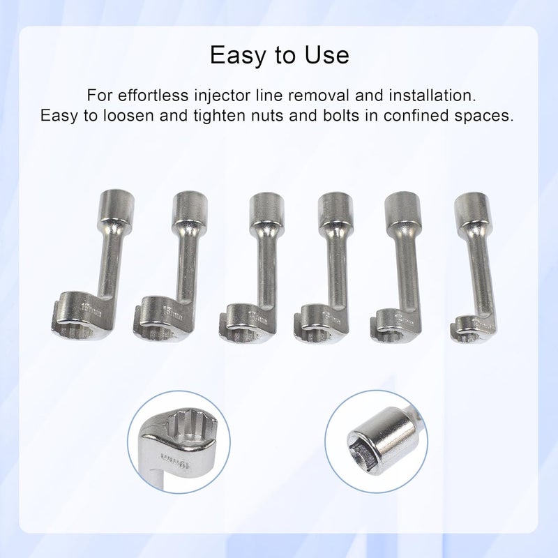 Yuesstloo 1/2" Dr Injection Line Socket Wrench Set, 6pc 12pt Diesel Fuel Line Socket Set, L-Type Injection Line Socket with 12 14 16 17 18 19mm Wrenches, Fuel Line Dismantling Removal Tool - Image 3